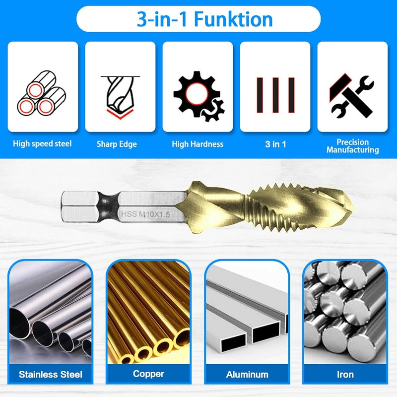 DKIBBITH Combination Drill & Tap Bit Set, 6 pc SAE (6-32NC ~ 1/4-20NC) and 6 pc Metric (M3 ~ M10) Titanium Coated Drill Bits Kit for Drilling Screw Threads Tapping Countersinking, with Quick Change Adapter - Image 5